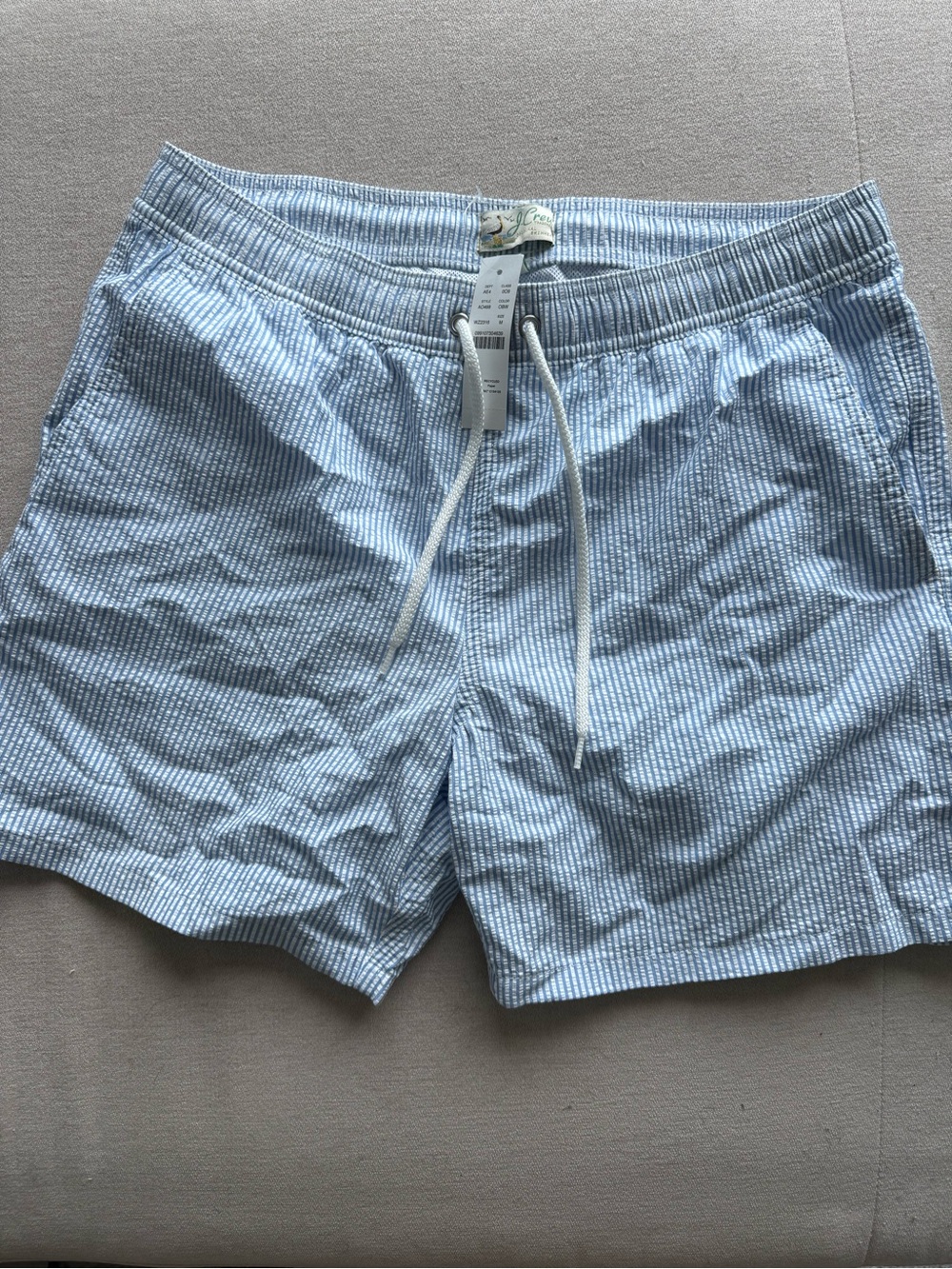 J. Crew Ocean Blue & White Striped Seersucker Drawstring Swim Shorts - Picture 2 of 3